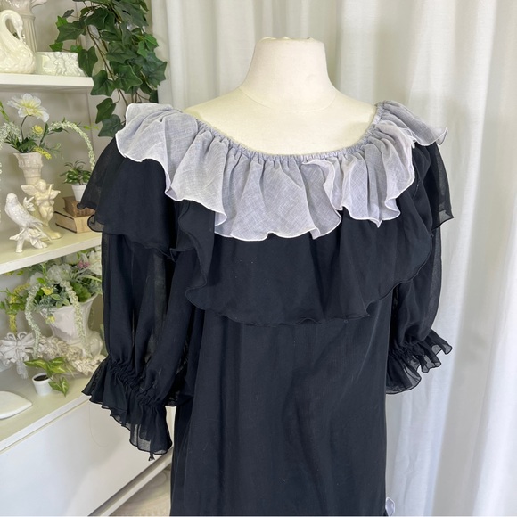 Vintage 80s Black and Silver Ruffle Cotton Gauze Mini Dress - Picture 2 of 16